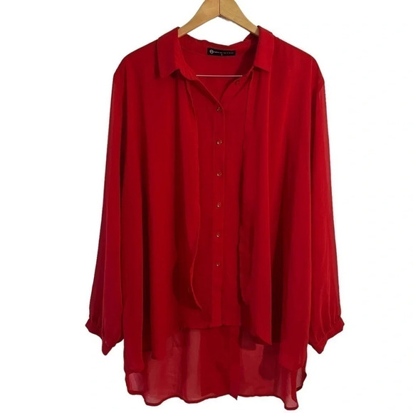 Fashion to Figure Red Chiffon Blouse 3X Hi Low Long Sleeves Sheer Slit Backside - Picture 1 of 9